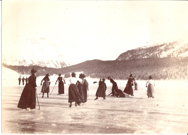 Elizabeth Main Le Blond playing Ice Hockey 1890