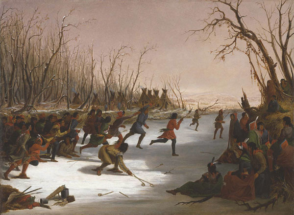 First Nations Playing Ball Hockey on Ice - 1848