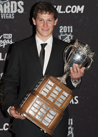 Jeff Skinner Holds the Calder Memorial Trophy in 2011