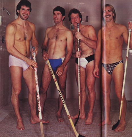 Shirtless NY Islanders in a Shower Stall with Ice Hockey Sticks