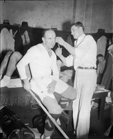 Howie Morenz Being Stitched Up in Boston Garden Locker Room 1930