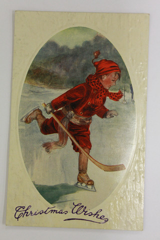 Antique Ice Hockey Christmas Card - Boy Skating - Early 1900s
