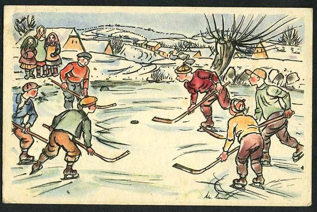 Antique Pond Hockey Postcard- Artist Drawing - 1920s