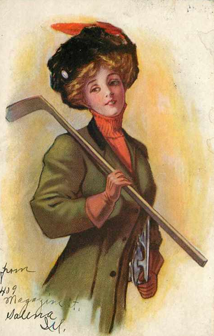 Antique Women's Ice Hockey - Color Lithograph Postcard - 1909